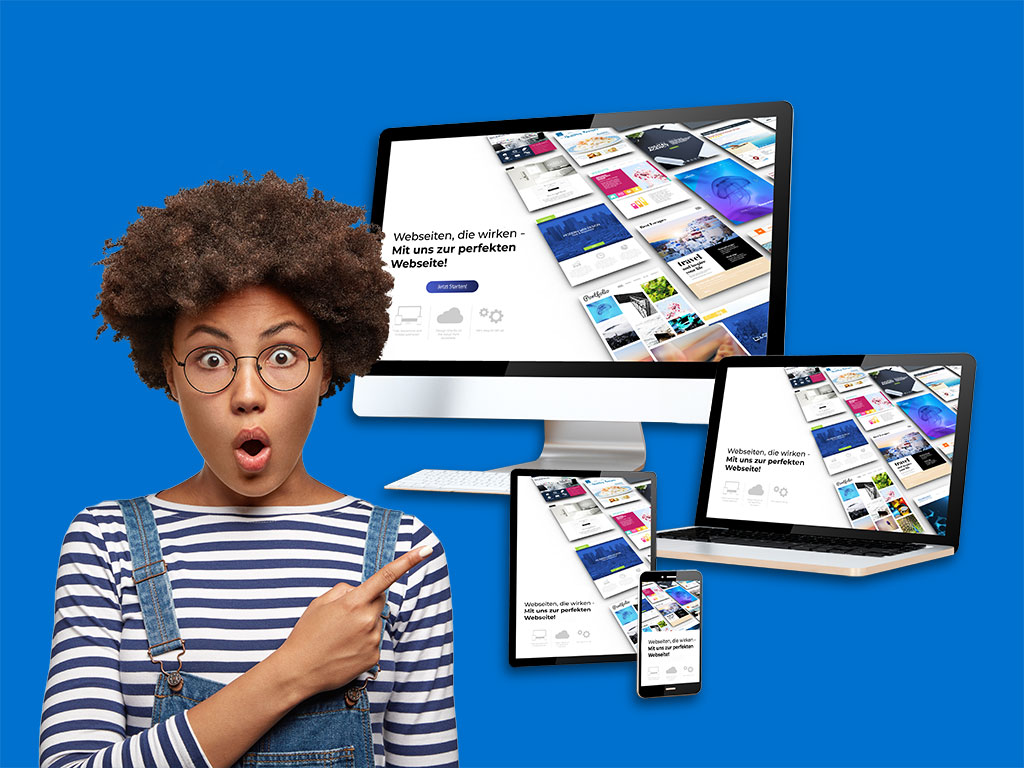 Frau zeigt überrascht auf mehrere Geräte mit einer responsiven Website-Vorschau auf Desktop, Laptop, Tablet und Smartphone. Der Text auf den Bildschirmen lautet: 'Webseiten, die wirken - Mit uns zur perfekten Webseite!
